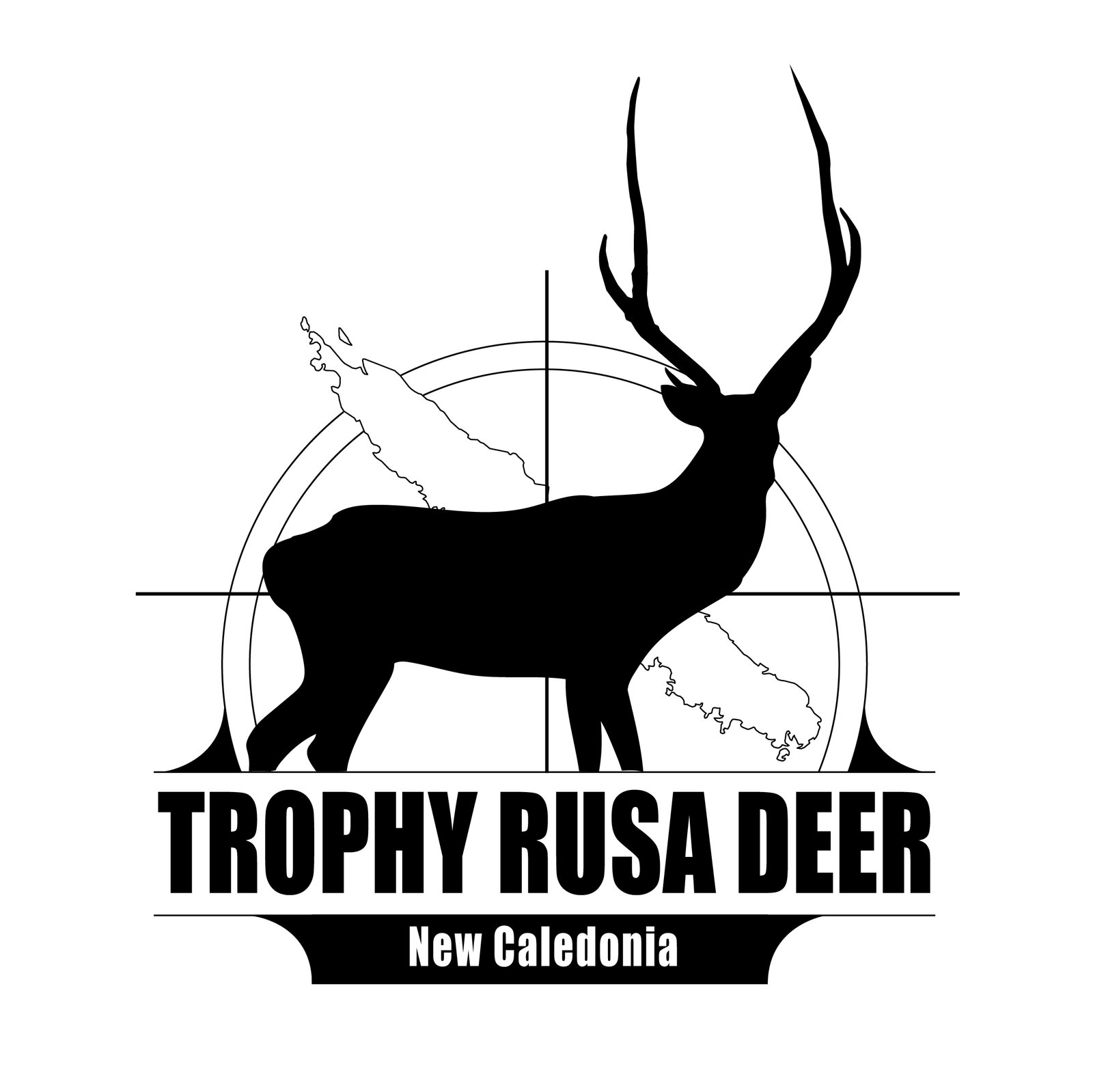Trophy Rusa Deer New Caledonia logo featuring a stag silhouette over a rifle reticle and map outline. Logo Trophy Rusa Deer Nouvelle-Calédonie avec silhouette de cerf Rusa, reticule de visée et carte du territoire.