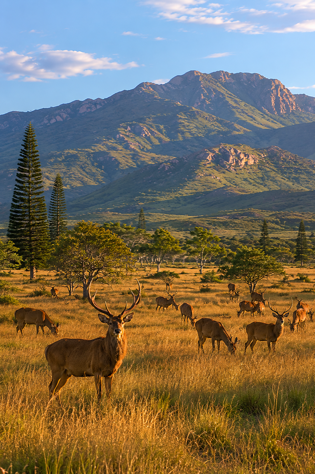 Herd of Rusa deer grazing in the West Coast savanna hunting grounds of New Caledonia.