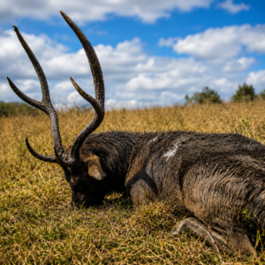 Rusa deer trophy resting in a grassland of New Caledonia under a cloudy sky
